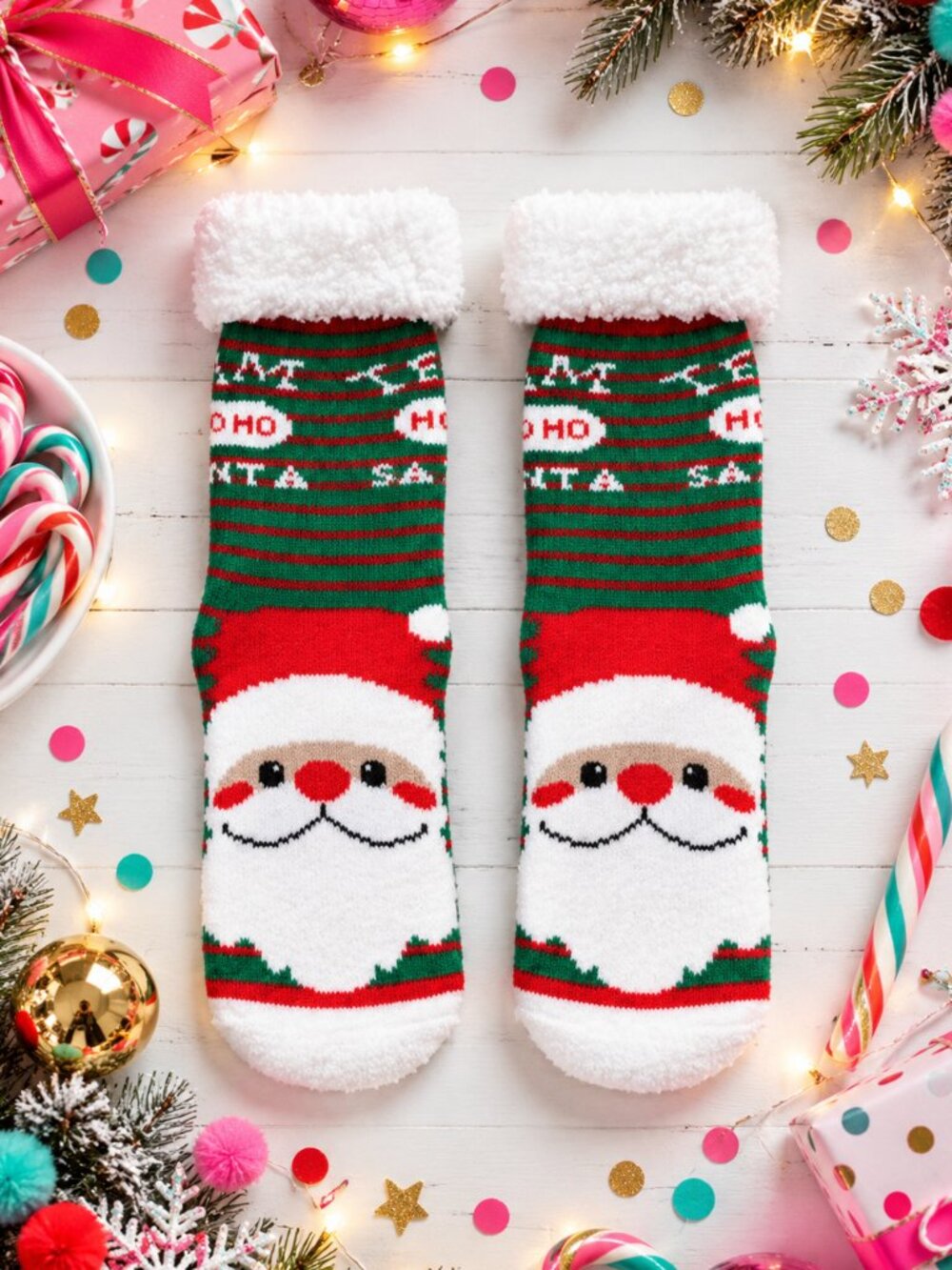 Santa Christmas Slipper Socks Sherpa Lined Grip Ho Ho Ho Red Green Striped
